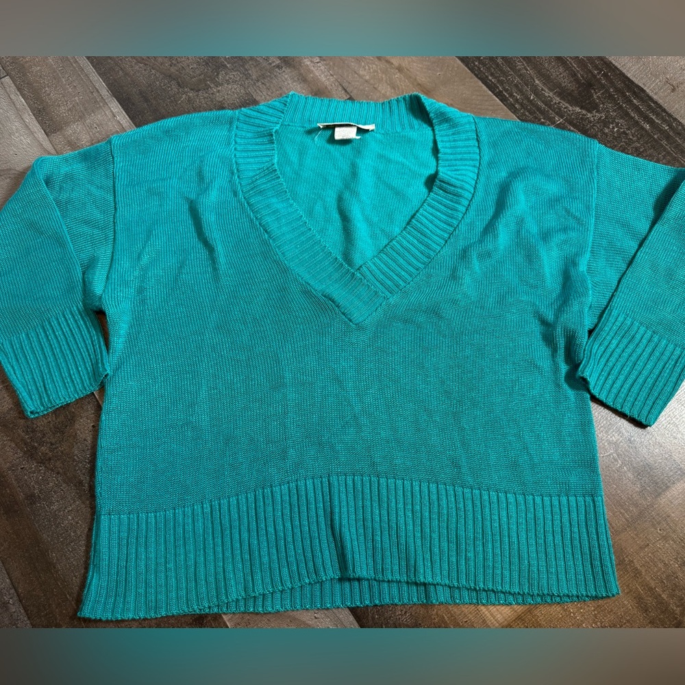 Vintage Diane Von‎ Furstenberg Teal V-Neck Knit Sweater L | 90s Minimalist USA